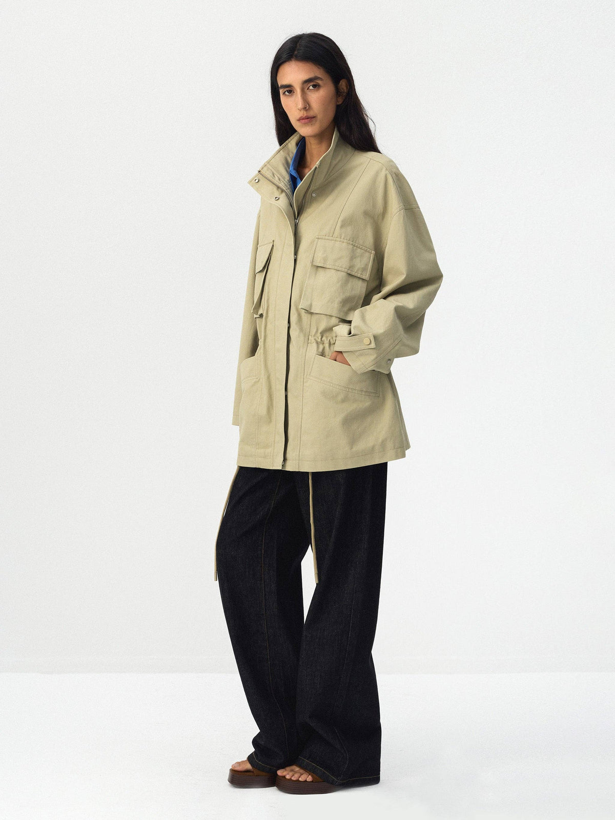 CUBIC Drawstring Waist Cargo Field Jacket: Green / L