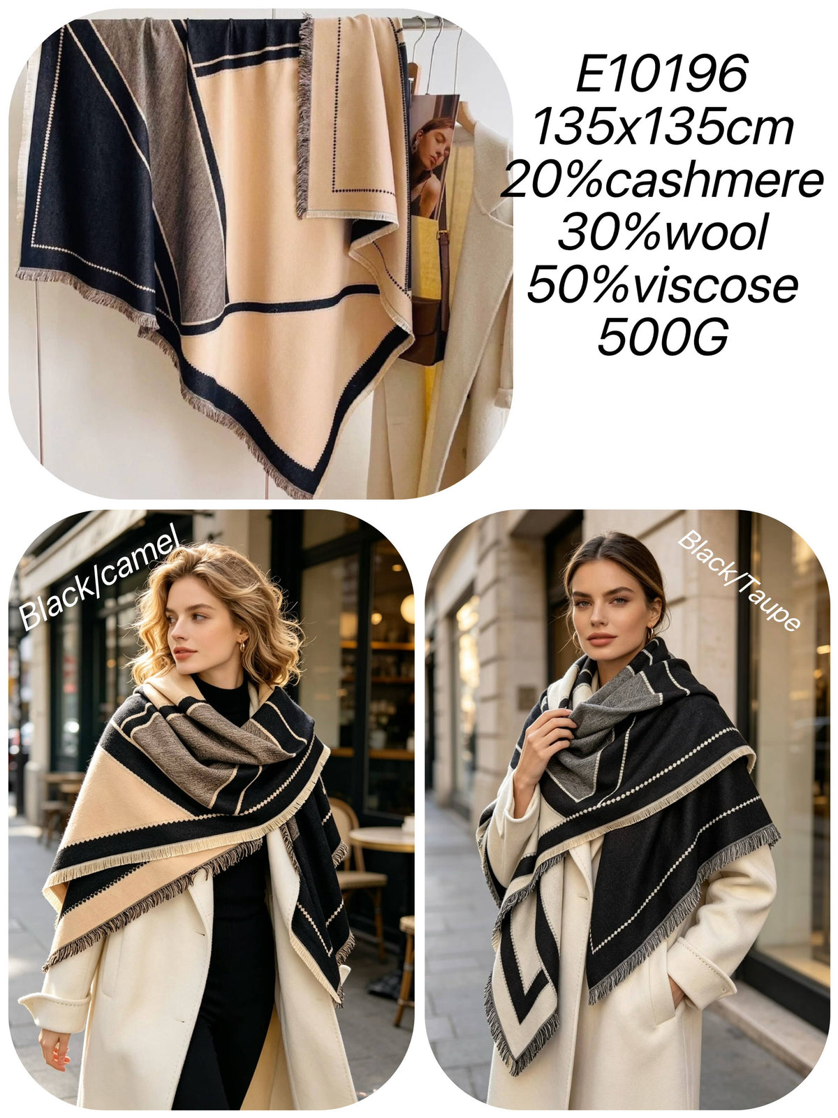 Large square shawl with geometric motifs: Black/camel / YOU
