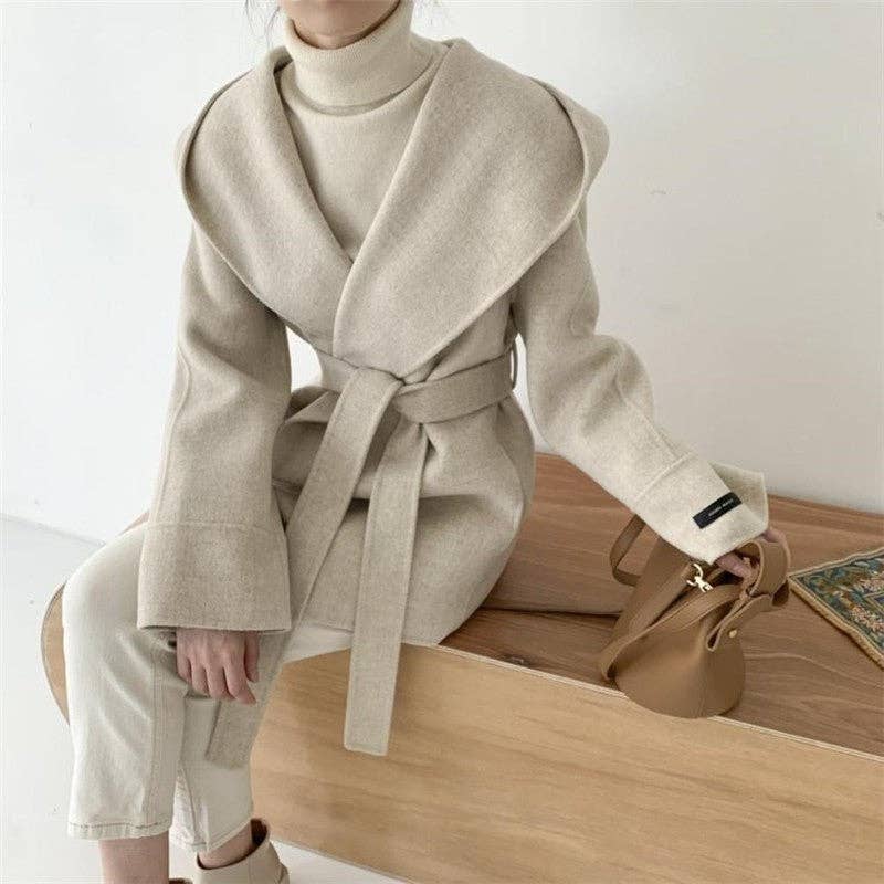 Solid Color Hooded Coat With Tie Waist: OATMEAL / One_size