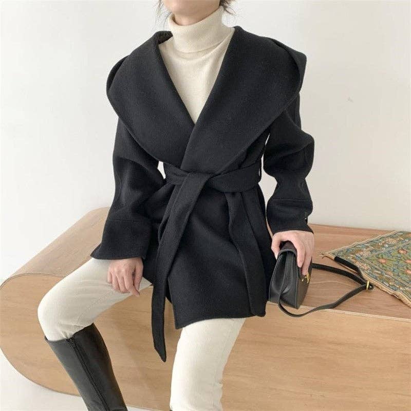 Solid Color Hooded Coat With Tie Waist: OATMEAL / One_size