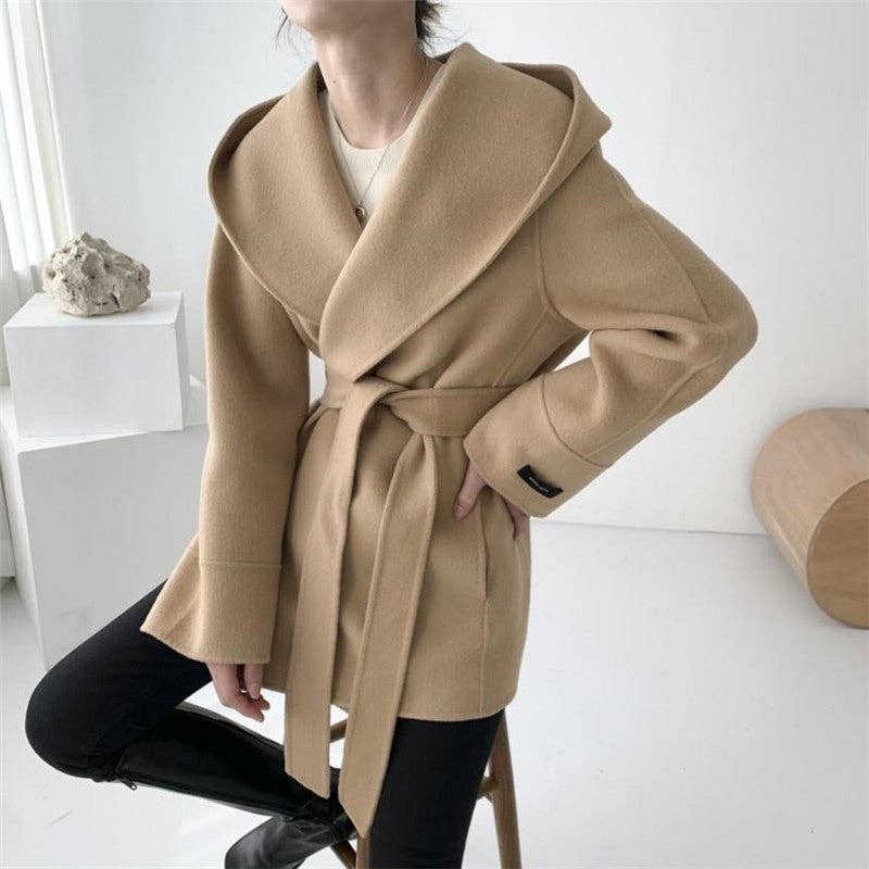 Solid Color Hooded Coat With Tie Waist: OATMEAL / One_size