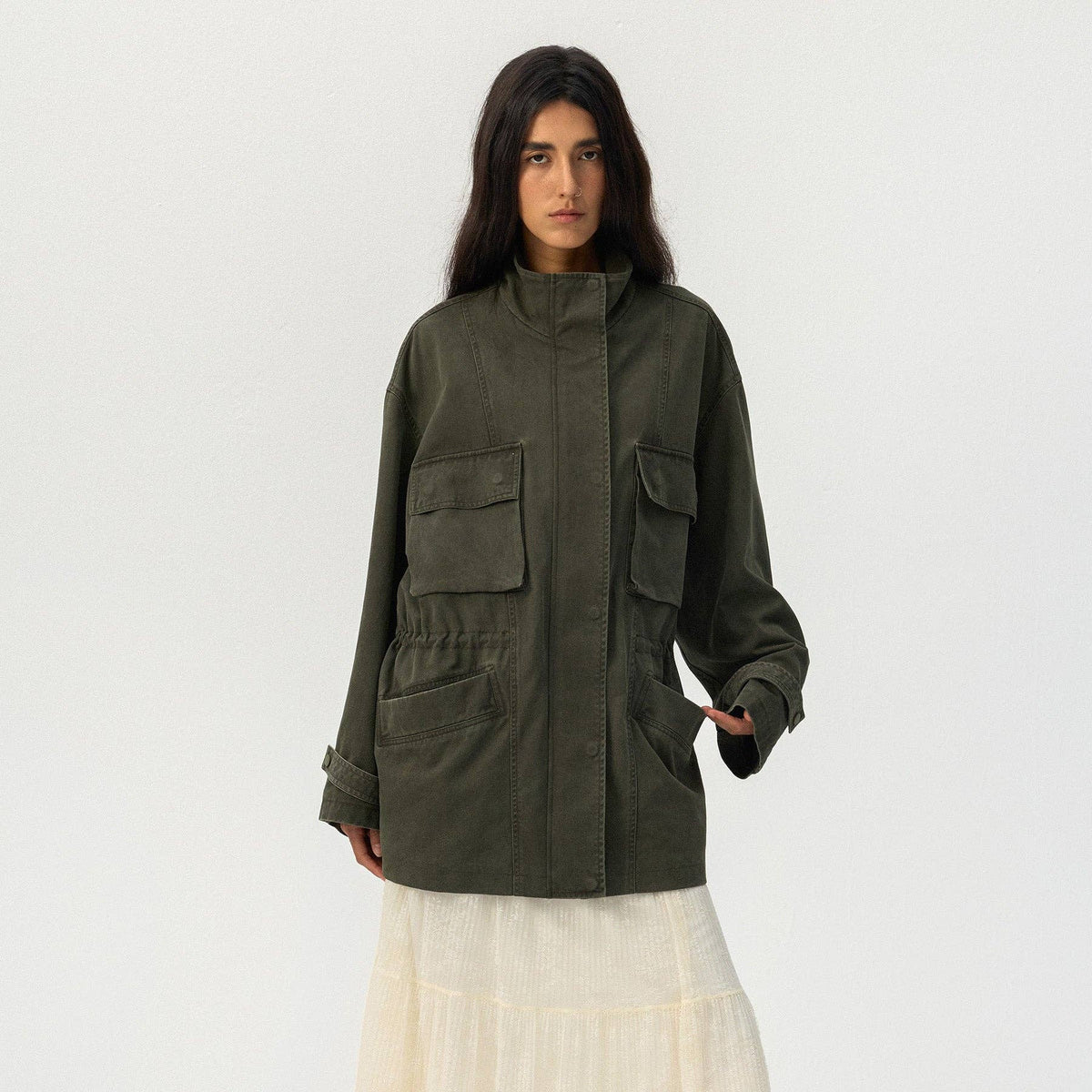 CUBIC Drawstring Waist Cargo Field Jacket: Green / L