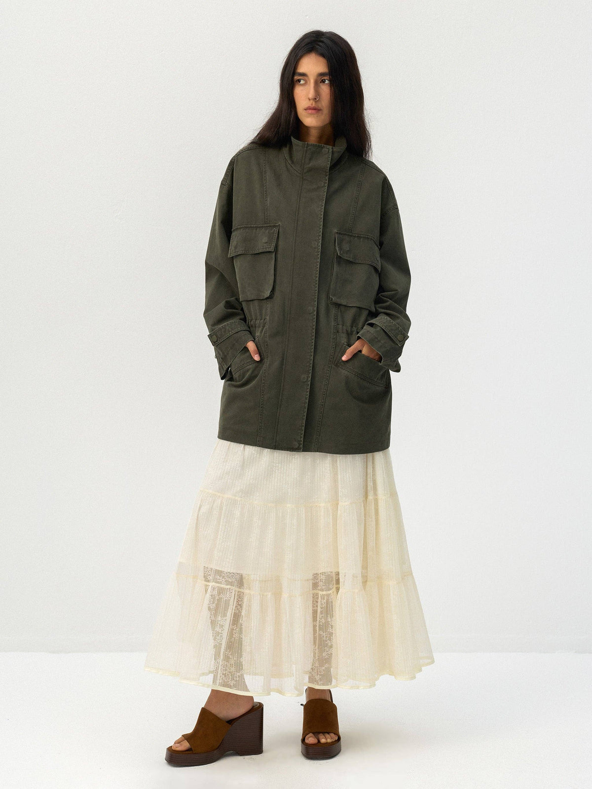 CUBIC Drawstring Waist Cargo Field Jacket: Green / M