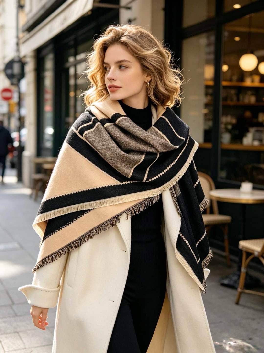 Large square shawl with geometric motifs: Black/camel / YOU