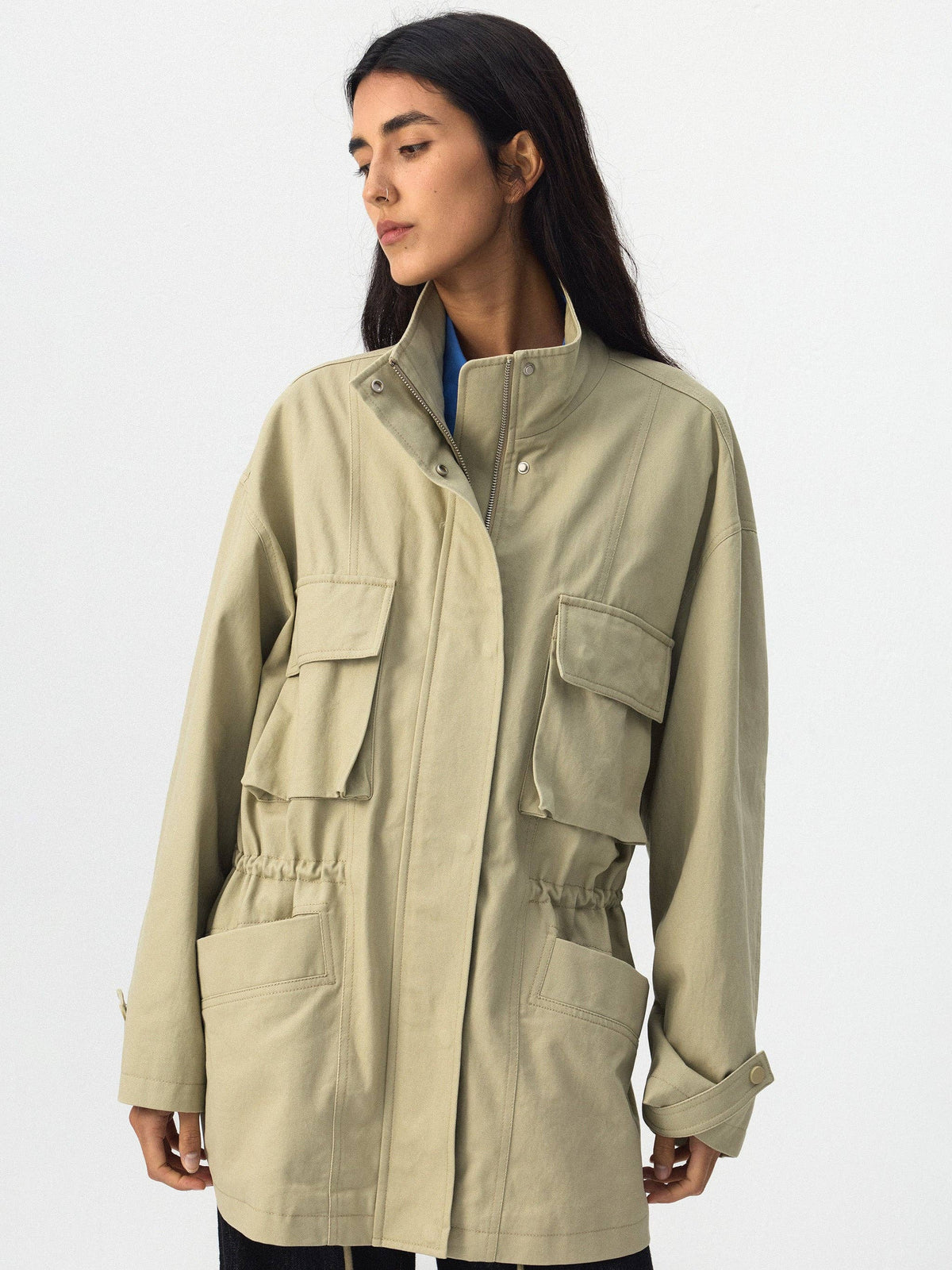 CUBIC Drawstring Waist Cargo Field Jacket: Green / M