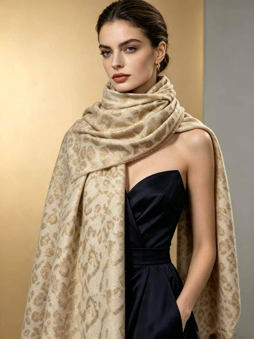 Gold lamé leopard square shawl: Coffee