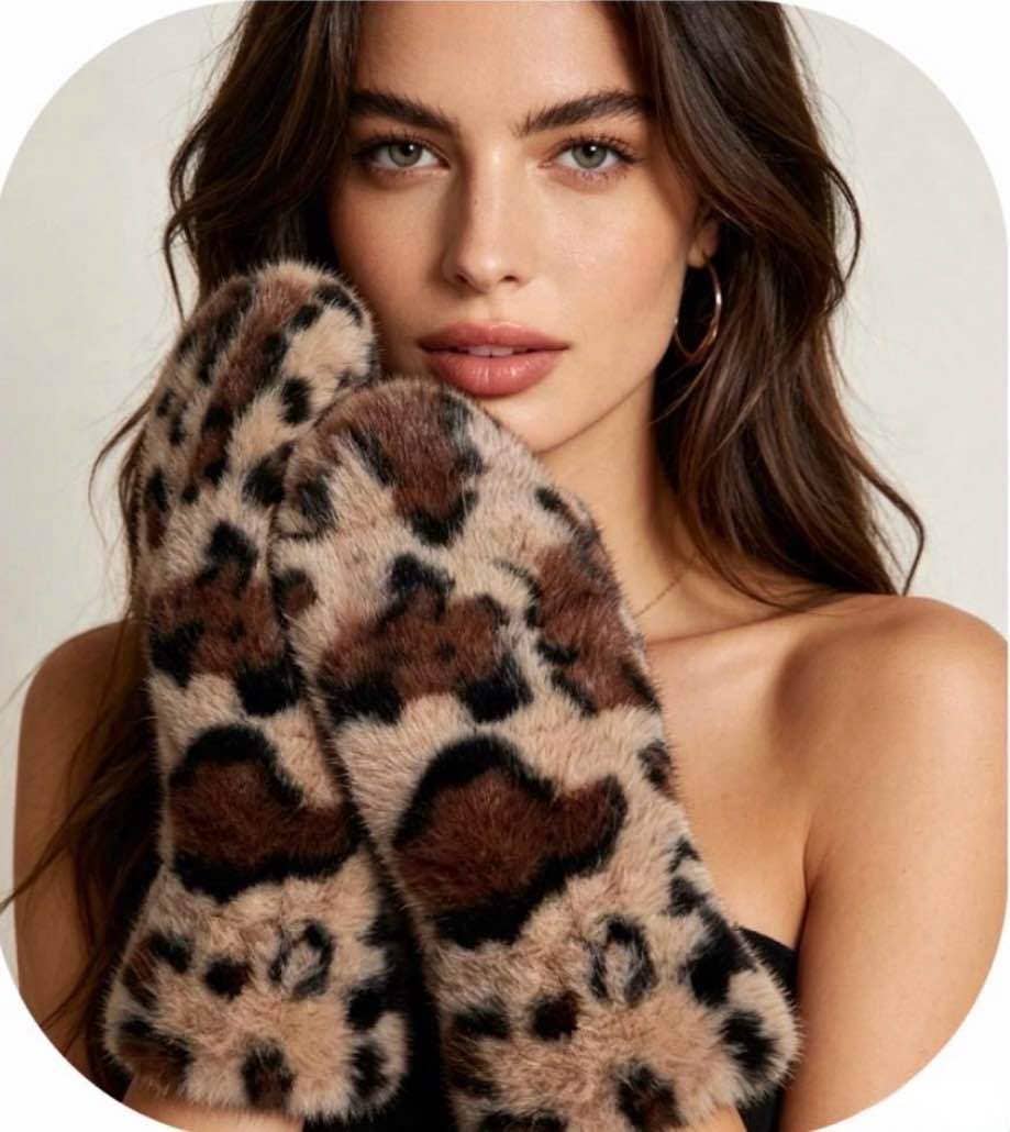 Leopard-print faux fur mittens: Camel / YOU