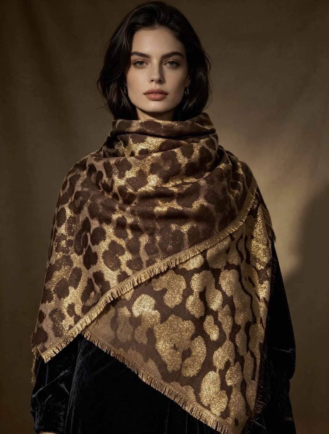 Gold lamé leopard square shawl: Coffee