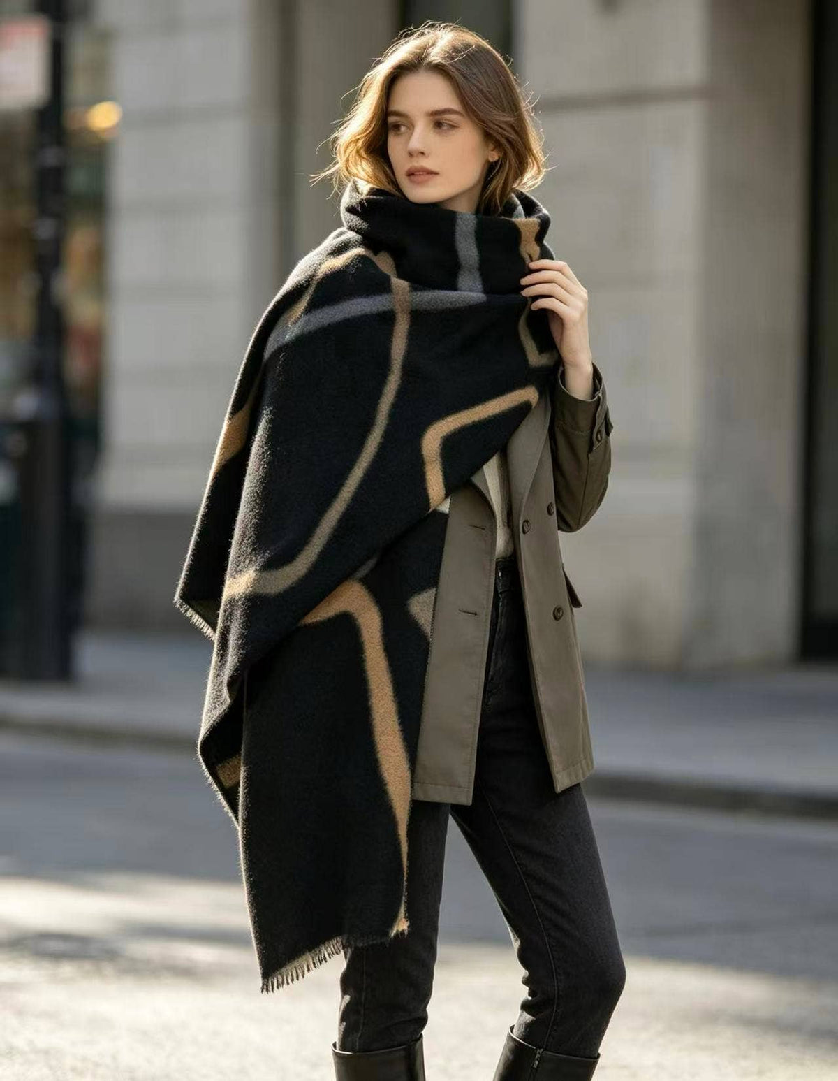 Women's scarf with abstract geometric pattern, fringe: Black
