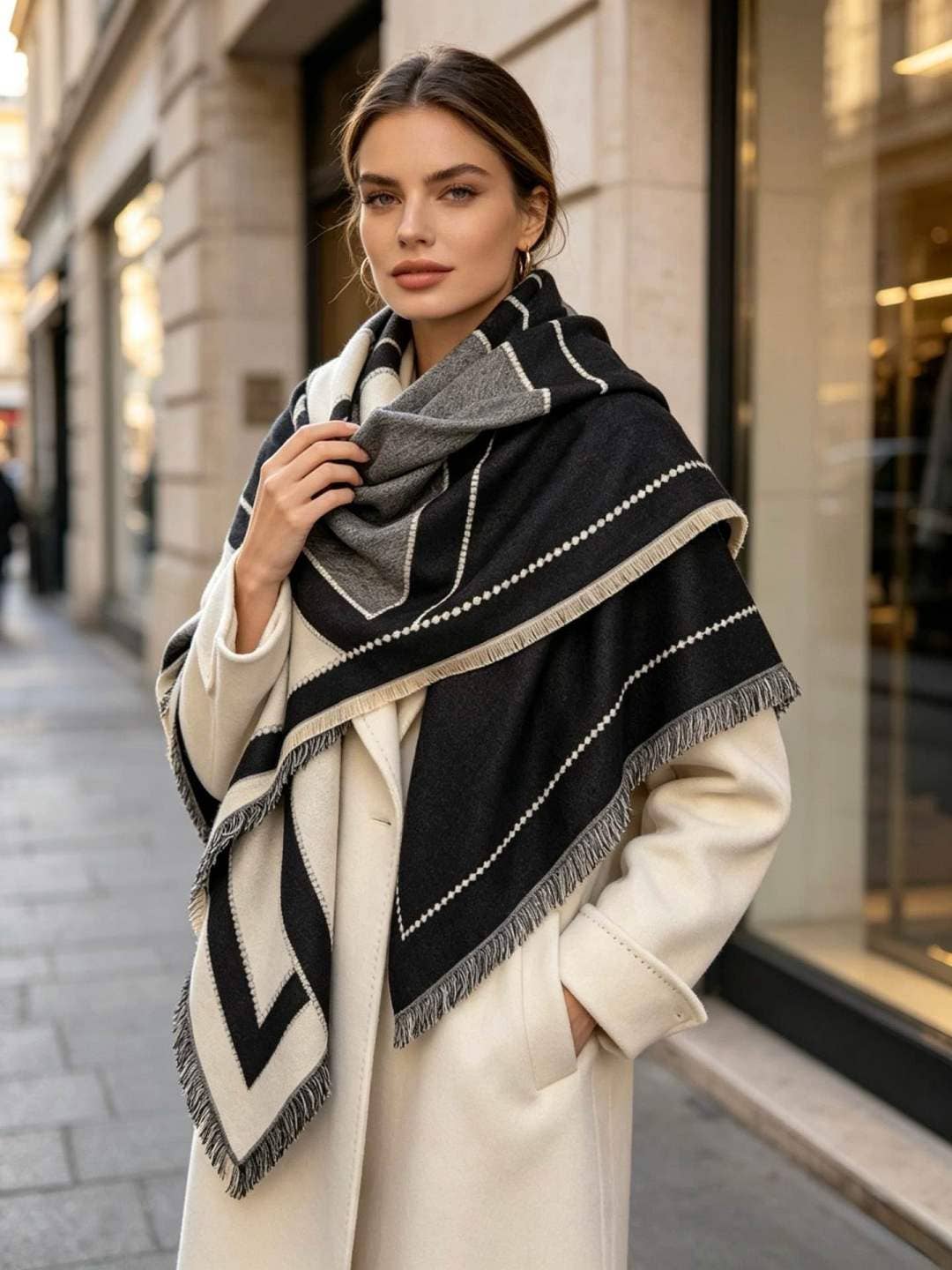 Large square shawl with geometric motifs: Black/camel / YOU