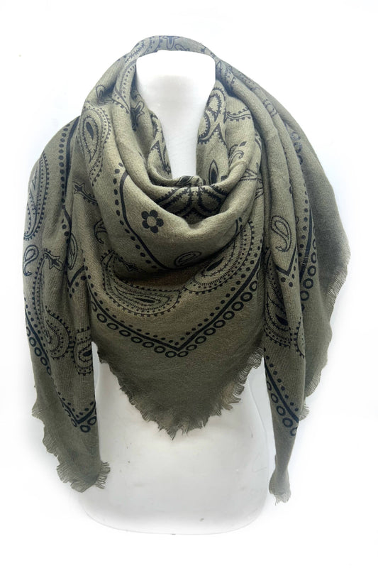 Trekantet ullskjerf med paisley mønster, khaki