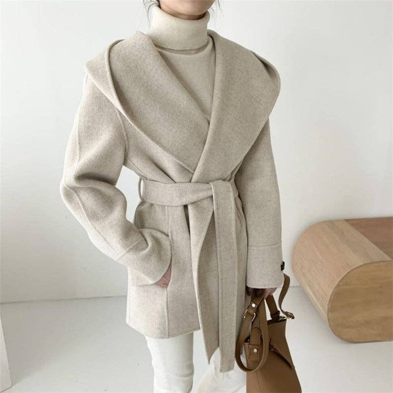 Solid Color Hooded Coat With Tie Waist: OATMEAL / One_size