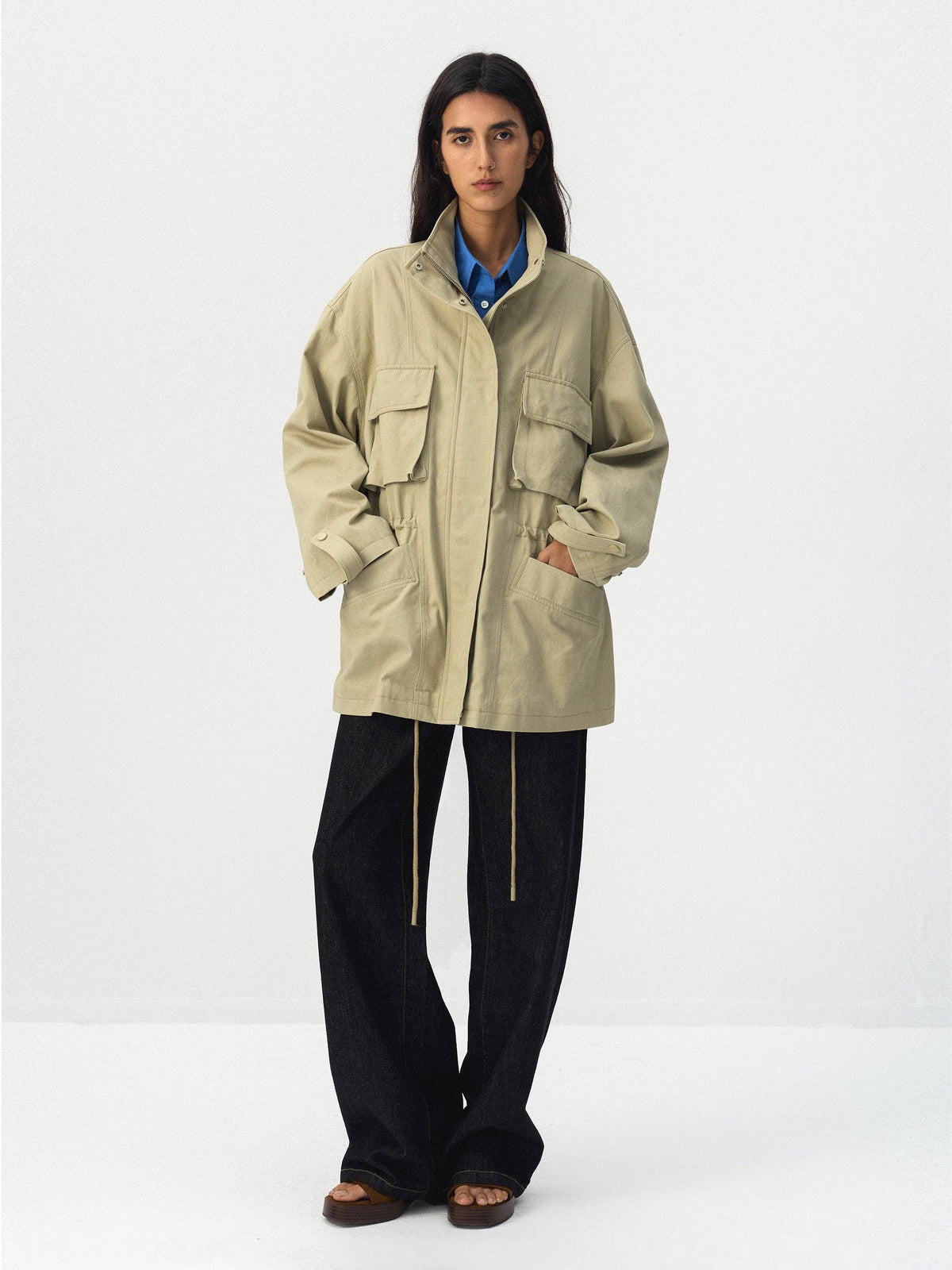 CUBIC Drawstring Waist Cargo Field Jacket: Green / S