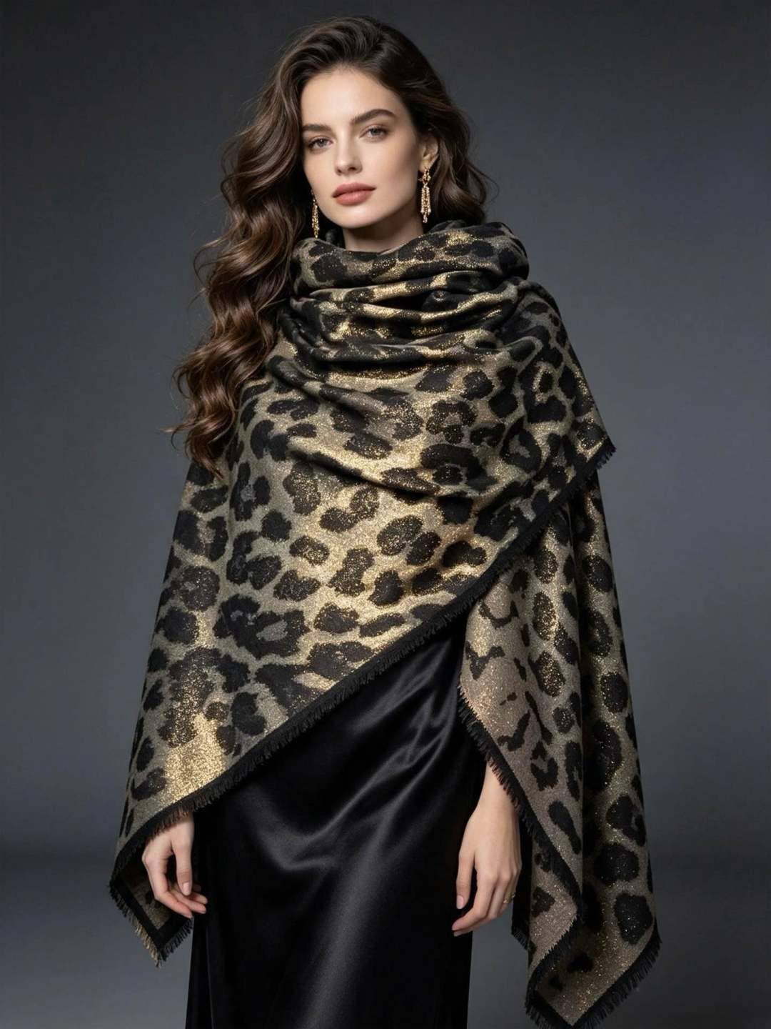 Gold lamé leopard square shawl: Coffee
