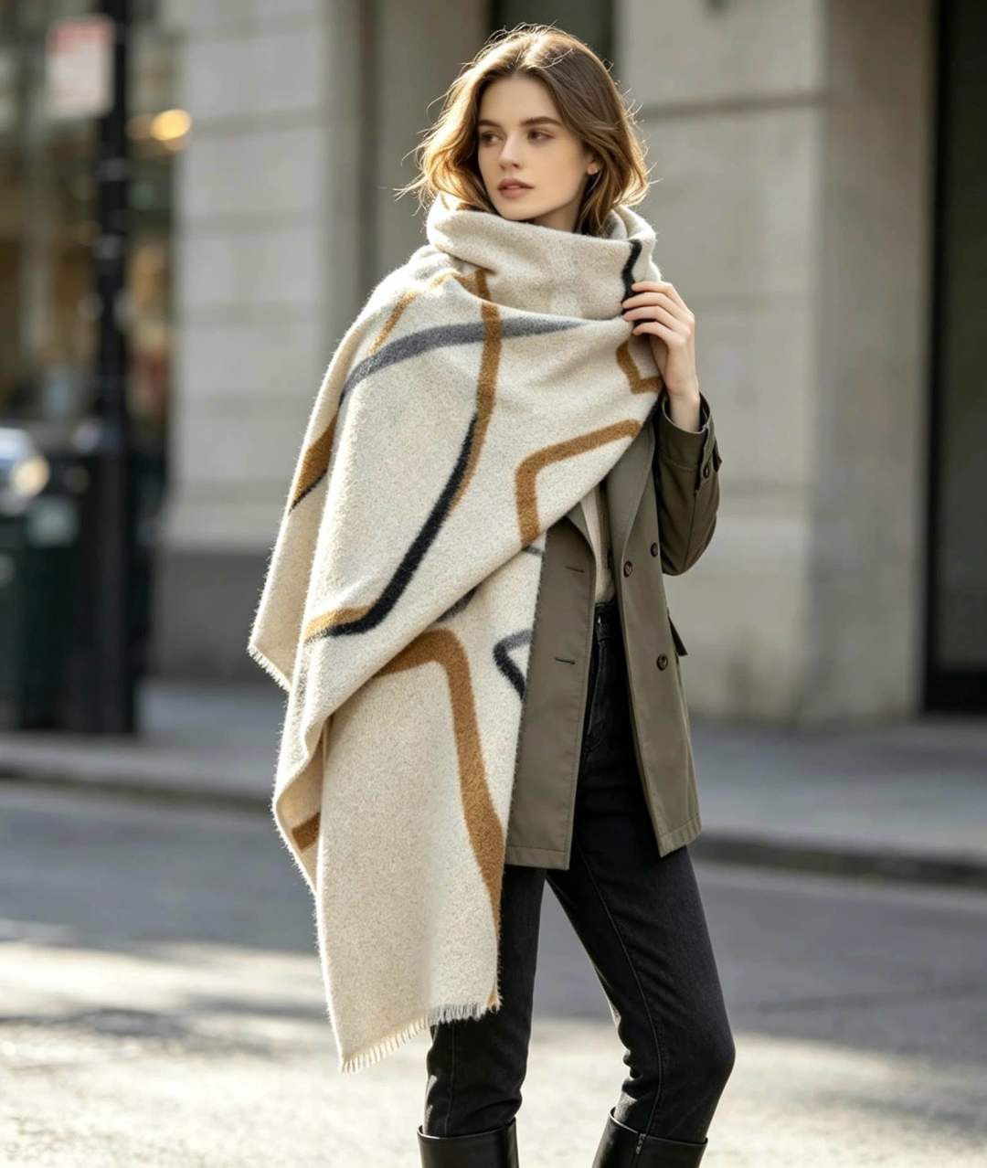 Women's scarf with abstract geometric pattern, fringe: Beige
