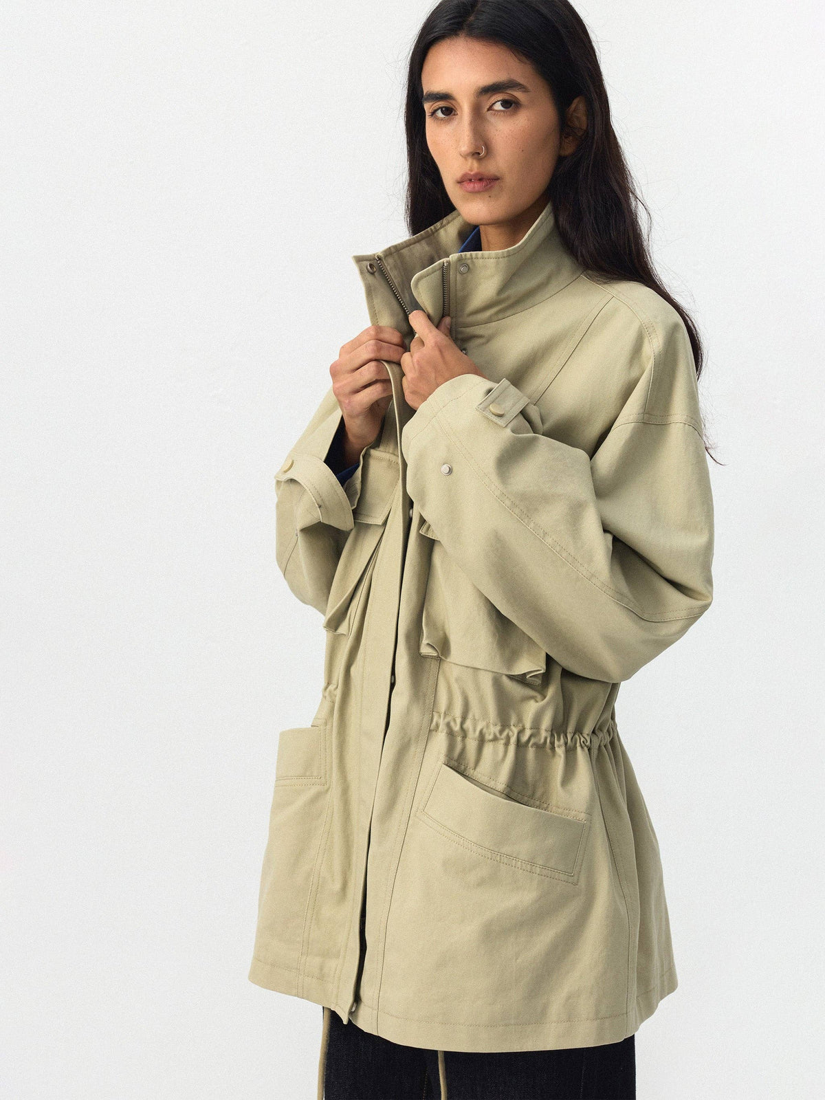 CUBIC Drawstring Waist Cargo Field Jacket: Green / M