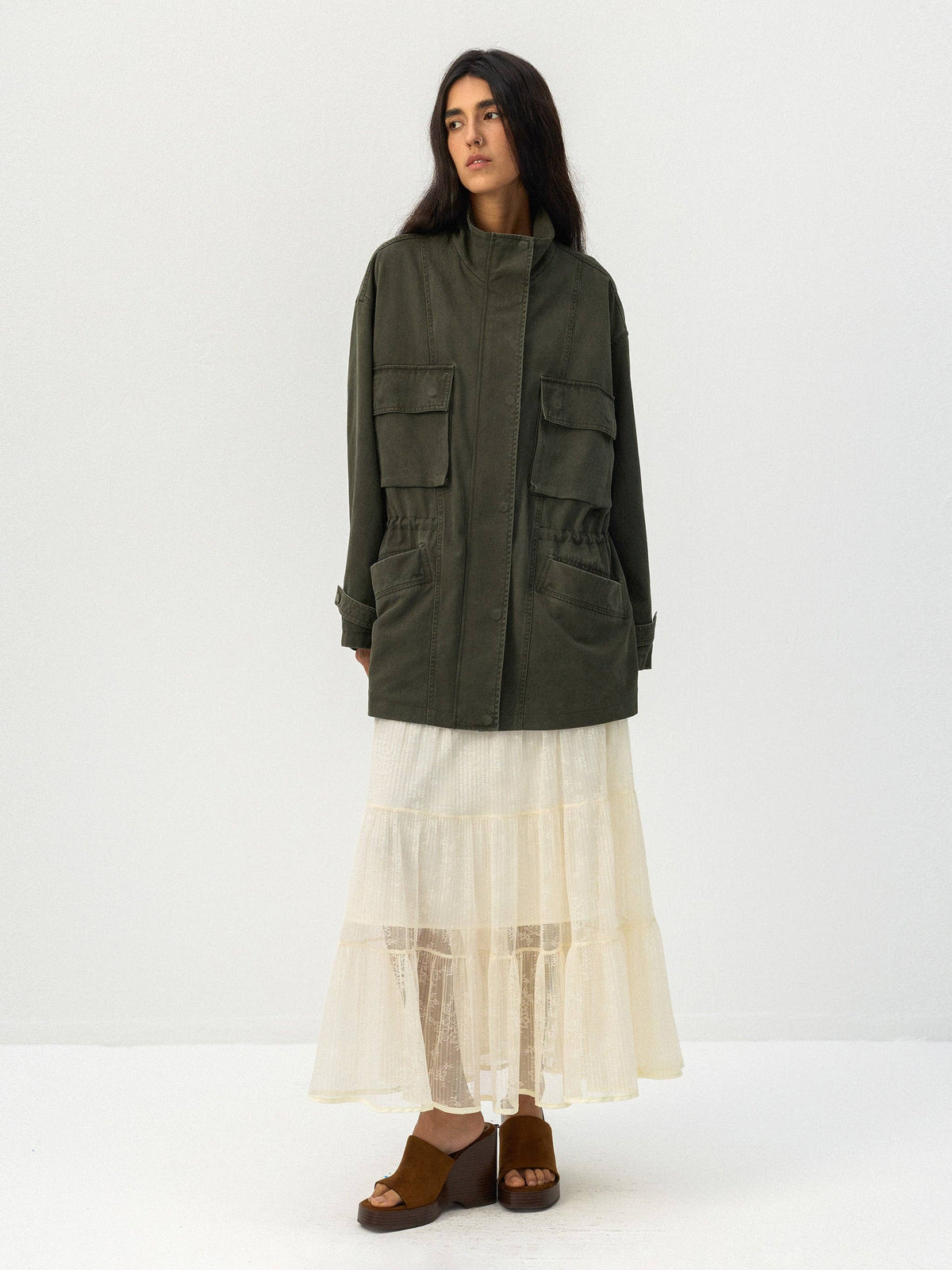 CUBIC Drawstring Waist Cargo Field Jacket: Green / L