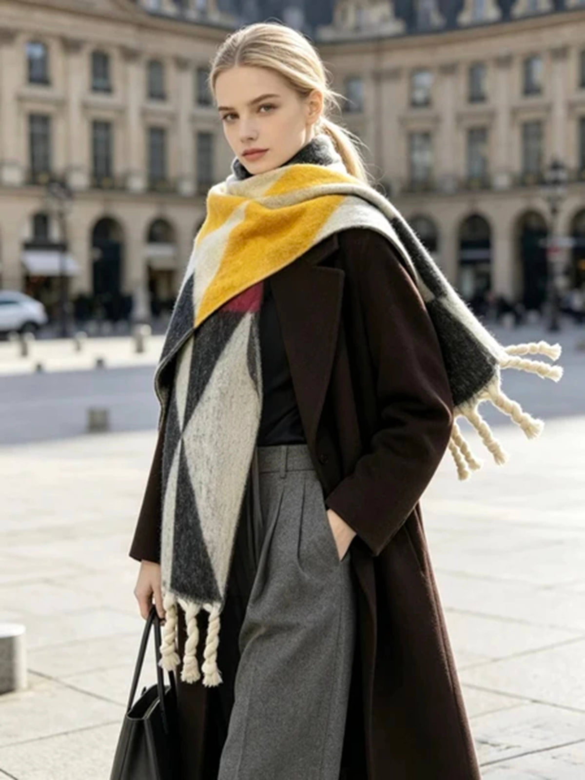 Women's scarf with triangular pattern, thick braided fringes: Rouge