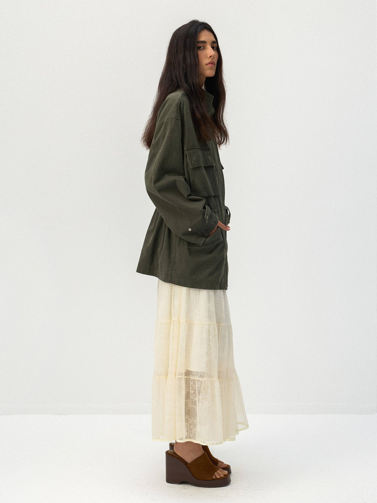 CUBIC Drawstring Waist Cargo Field Jacket: Green / M