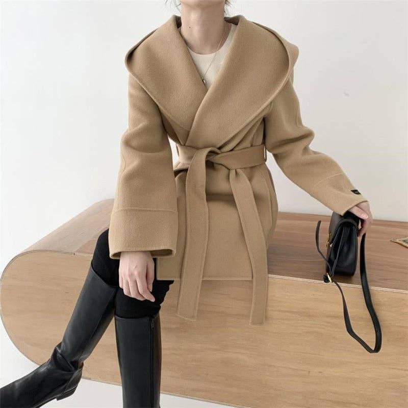 Solid Color Hooded Coat With Tie Waist: OATMEAL / One_size