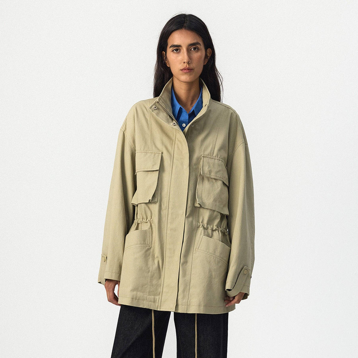CUBIC Drawstring Waist Cargo Field Jacket: Green / L